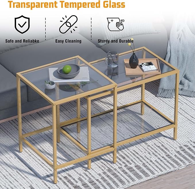 Coffee Table Set of 2,Gold Glass Nesting Coffee Side End Table,Square Modern Center Table for Living Room,Bedroom and Small Spaces,Tempered Glass-top with Sturdy Metal Frame, Easy Assembly