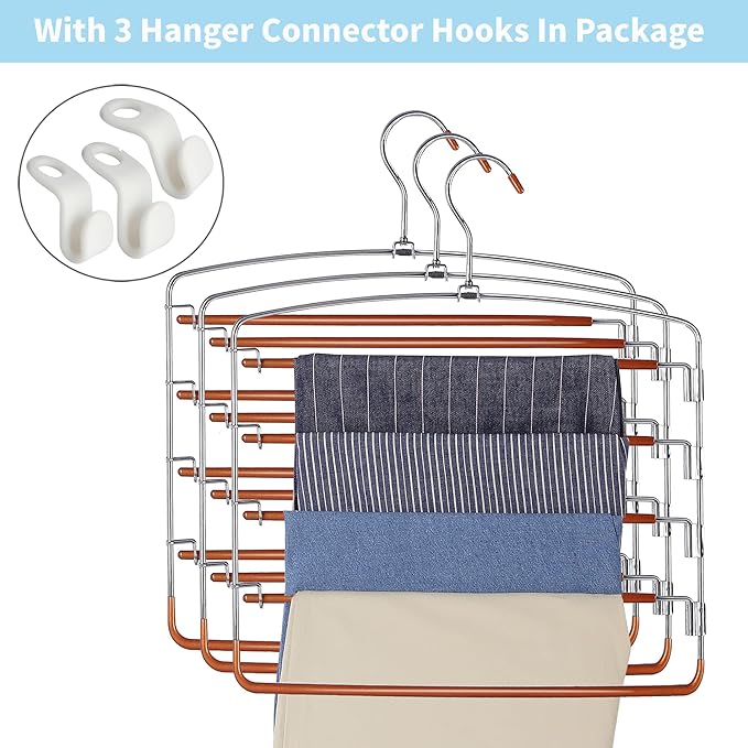 FeeraHozer Pants Hangers Non Slip 3 Pack Space Saving Hangers Multi-Layer Swing Arm Stainless Steel Space Saver Rack for Jeans Scarf Trouser Clothes (Gold)-NeatNest