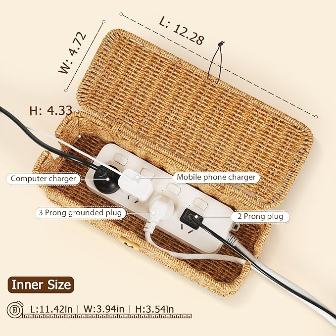 Cable Management Box, Handwoven Faux Rattan Cord Organizer Box with Lid, 2 Open Slots Cable Organizer Box, Decorative Cord Hider Box for Tv Computer USB Hub & Power Strip Holder Box