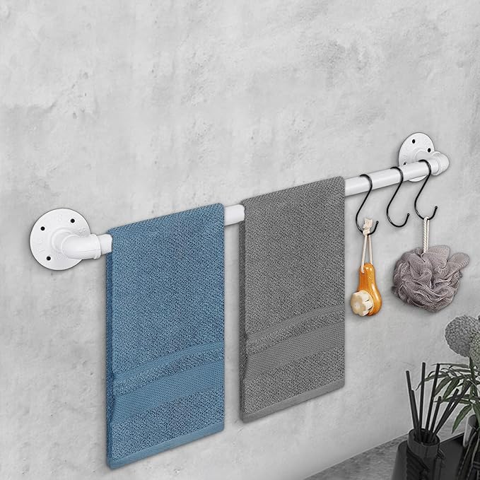 Industrial Pipe Towel Rack Towel Bar, Heavy Duty Wall Mounted Rustic Farmhouse Bath Towel Holder for Bathroom (White, 24 inch)