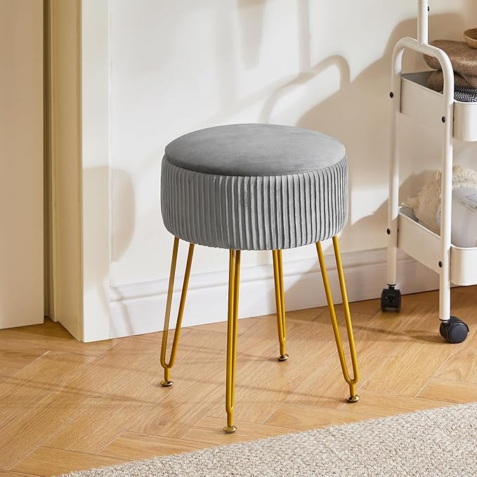 IBUYKE Velvet Storage Footrest Stool Ottoman, Makeup Vanity Stool Side Table with Golden Steel Legs Removable Cover, Coffee Table Top Cover, Grey LG-20G
