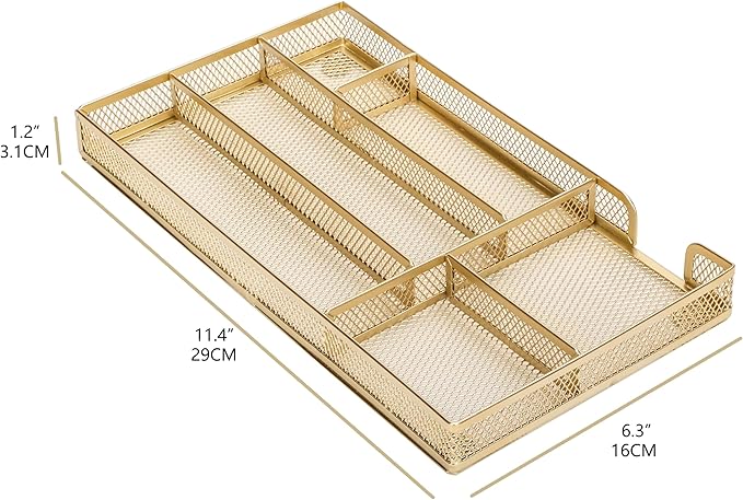 Annova Desk Drawer Organizer Tray for Office Organization - Metal Mesh - Storage Tray with Dividers for Pens, Desktop Accessories, Bathroom, Kitchen, Makeup and Office Supplies (Small, Gold)-NeatNest