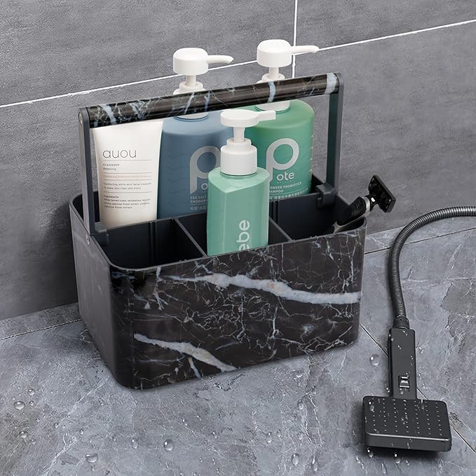 Plastic Shower Caddy Dorm: Portable Bathroom Caddy Organizer for College with Handle and Adjustable Divider, Utility Hard Shower Basket Bin Tote for Toiletry,Shampoo,Soap,Cleaning Product Black