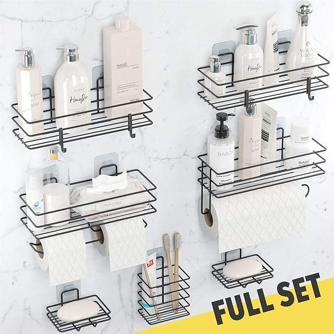 DEKULA Adhesive Shower Caddy 7 Pack Shower Shelves Organizer for Bathroom Storage, Rustproof Stainless Steel Bath Organizers, Kitchen, Adhesive or Screw, Soap Dish Hooks Wall Shelf Toilet Paper Holder