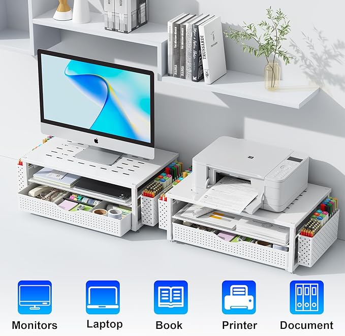 gianotter Desk Organizers and Accessories, Monitor Stand with Drawer and 2 Pen Holder, Desktop Organizer Suitable for Offices and Dormitories (White)-NeatNest