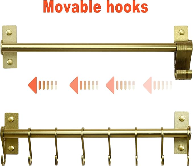 Dseap Kitchen Utensil Holder Hanger, Pot and Pan Rack Wall Mounted, Kitchen Rail with 8 Hooks for Hanging Cooking Utensils, Mugs, Spoons, Wall Mounted, Champagne Color, Pack of 2-NeatNest