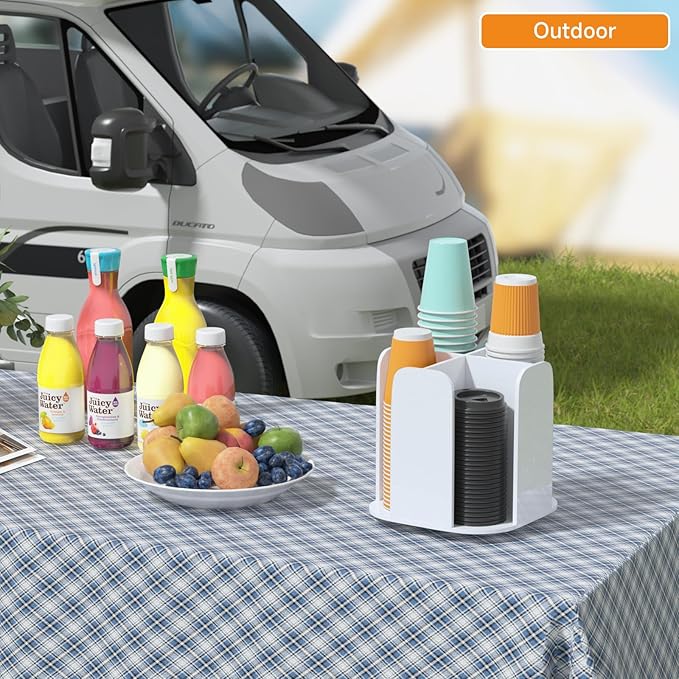 Beego Rotatable 4-Compartment White Acrylic Cup Dispenser - Coffee Station Cup and Lid Carousel Countertop Plastic Cup Holder for Restaurant Breakroom Coffee Bar-NeatNest