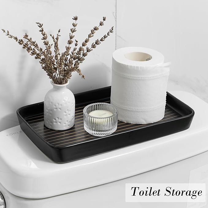 Bathroom Vanity Tray for Countertop,2PC Rectangle Striped Tray,Decorative Bathroom Organizer for Scrubber, Lotion Bottles, Perfume, Jewelry, Candle, Key Trinket Ring(Large,Black)-NeatNest