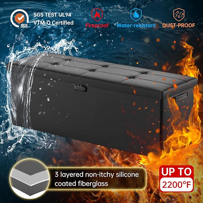 DocSafe Storage Ottoman Bench,Fireproof&Waterproof Folding Bench with Lock(15”x 43”x15”),Leather Storage Chest with Handles&2 Extra Boxes,Ottoman Safe for Bedroom,Living Room,Home Office,Black-NeatNest