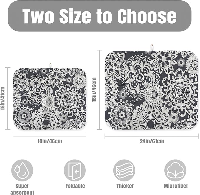 Dish Drying Mat for Kitchen Counter Large 16" x 18" Mandala Absorbent Microfiber Dishes Drainer Rack Mats Pad Reusable Washable
