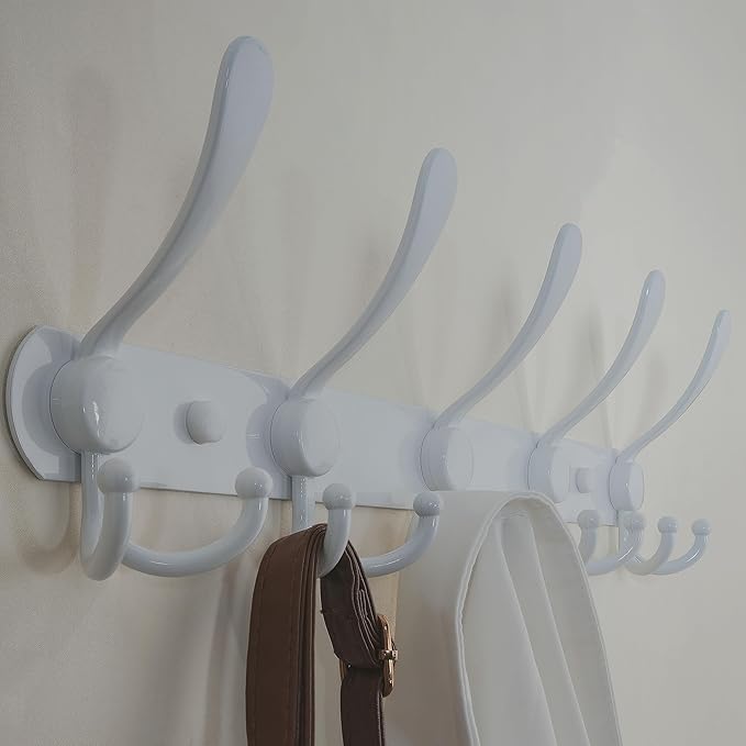 Dseap Wall Mounted Coat Rack - 5 Tri Hooks, Heavy Duty, Stainless Steel, Metal Coat Hook Rail for Coat Hat Towel Purse Robes Mudroom Bathroom Entryway,White-NeatNest