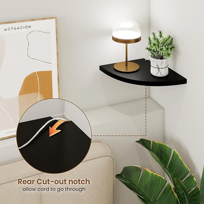 Fun Memories Corner Shelf Wall Mount Set of 2 - Solid Oak Wood Floating Corner Shelf with Cable Hole, 8.5in Rustic Design for Bedroom, Living Room, Kitchen (Black)-NeatNest