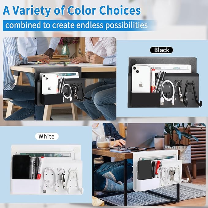 Desk Side Storage with Pen Holder & Hanging Hooks, No Drill Hanging Desk Organizer Under Desk Storage Mount, Clamp-On Laptop Holder Table Side Tray for Office and Home (White)-NeatNest