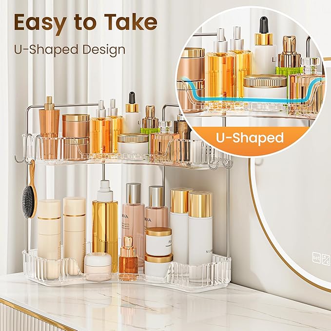Makeup Organizer for Vanity 2 Tier Bathroom Organizers and Storage Countertop with Hooks Skin Care Exquisite Vanity Organizers Corner Bathroom Counter Storage-Clear-NeatNest