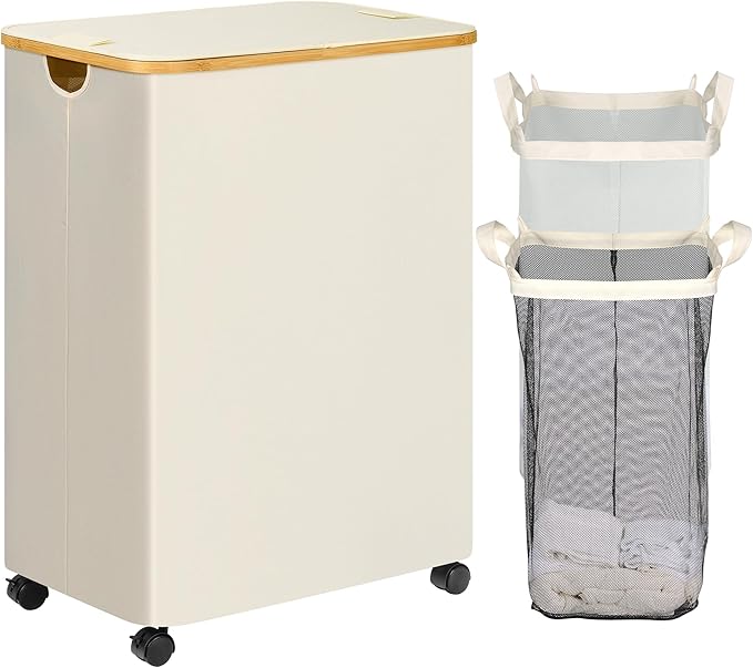 efluky Double Laundry Hamper with Wheels, Divided Laundry Hamper with Removable Bags, 2 Section Dirty Clothes Basket with Handles for Bathroom, Bedroom & Laundry Room, 160L Beige-NeatNest