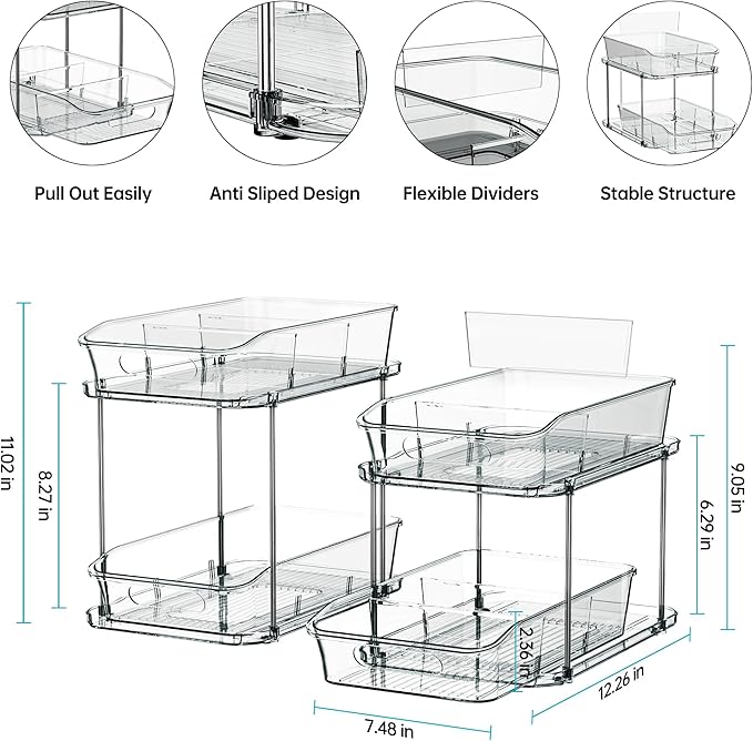 Delamu 2 Sets of 2-Tier Clear Under Sink Organizers and Storage, Multi-Purpose Stackable Bathroom Cabinet organizers, Grey-NeatNest