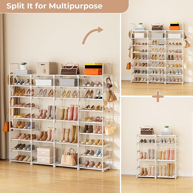 ROJASOP Large Shoe Rack Organizer for Entryway Closet 64-68 Pairs 9-Tier Heavy Duty Tall Garage Shoe Rack Shoe Shelf Shoes Storage with 18 Pcs Removable Side Hooks for Bedroom and Garage White-NeatNest