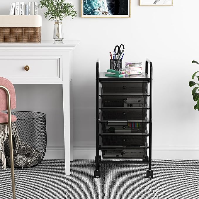 Rolling Cart with Drawers, 6-Tier Rolling Storage Cart with Drawers, Rolling Utility Cart with 6 Drawers with 2 Lockable Caster Wheels for Office Bathroom Kitchen, Transparent Black