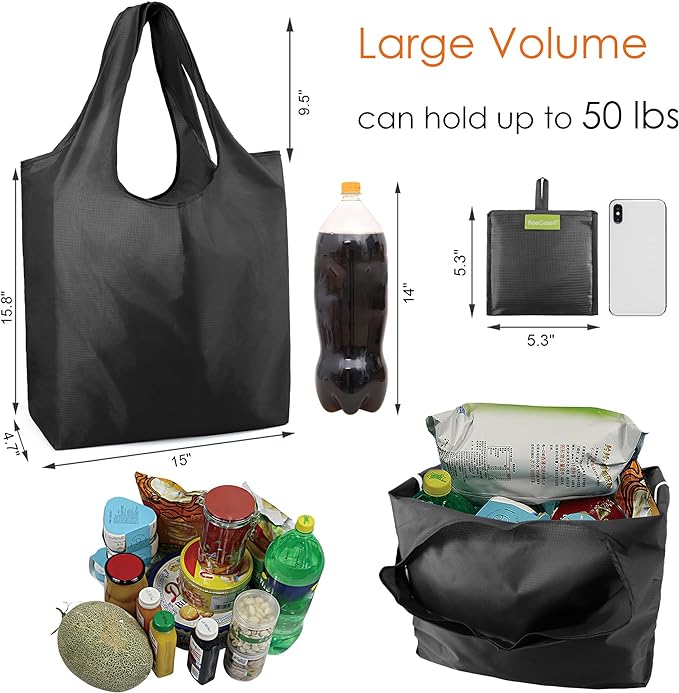 BeeGreen Black Tote Bag Shopping Bags for Groceries & Reusable Grocery Bag Heavy Duty, Large Tote Bag for Women, Foldable 6 Pack Gift Bags With Handles, Cute Cloth Washable for Holiday Travel & Bulk-NeatNest