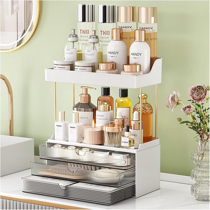 3 Drawers Bathroom Counter Organizer, 5 Tier Makeup Organizer, Versatile Perfume Organizer, Ideal for Bathroom Storage, Vanity, Large Skincare, Perfume, Present, Grey-NeatNest