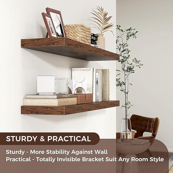Floating Shelves for Wall, 36"W x 7.8"D x 1.5"H, 2 Pack of Long Wall Mounted Engineered Wood Shelves with Invisible Brackets for Living Room, Bedroom, Bathroom Kitchen Decor Storage, Rustic Brown-NeatNest