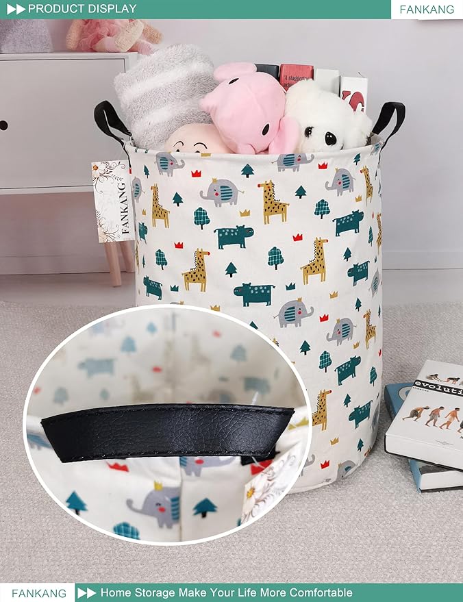 FANKANG Storage Basket, Nursery Hamper Canvas Laundry Basket Foldable with Waterproof PE Coating Large Storage Baskets for Kids Boys and Girls, Office, Bedroom, Clothes,Toys(Froest animals)