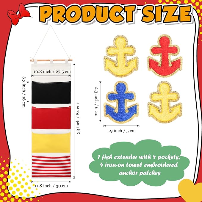 Fish Extender Cruise Gift Hanging Organizer with 4 Pockets and 4 Iron on Anchor Patches Cabin Door Hanger Storage Bag 2025 FE for Exchange Gifts and Pixie Dusting (Red,Blue,Black,Yellow)-NeatNest