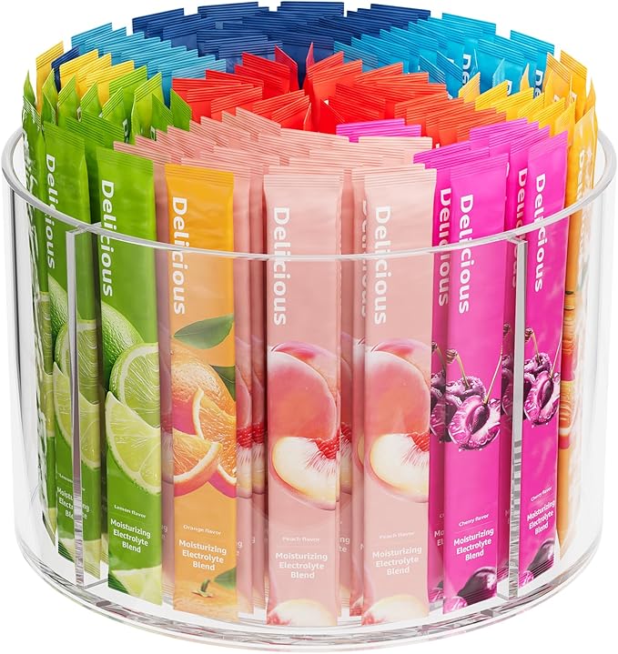 Divided Drink Packet Organizer, Rotating Turntable Organizer, Clear Lazy Susan for Powdered Drink Mix, Water Drink Packet Holder-NeatNest