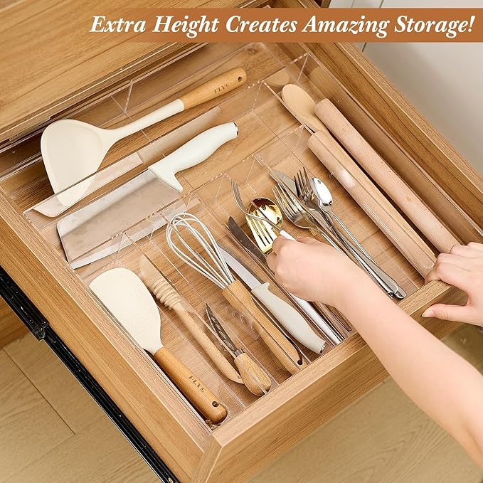 Expandable Kitchen Drawer Organizer Clear Acrylic Utensil Organizer Adjustable Acrylic Silverware Storage for Kitchen Drawers Silverware Flatware Knives (9-11 Compartments,18.5 x 17.4 Inches)