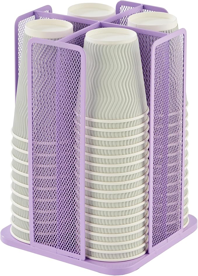 Annova Paper/Plastic Cup and Lid Holder Storage Organizer, 360°Rotating Coffee Cup Dispenser with 4 Compartments, Multifunctional Storage Rack for Home, Office, Bar, Coffee Shop (Light Purple)-NeatNest