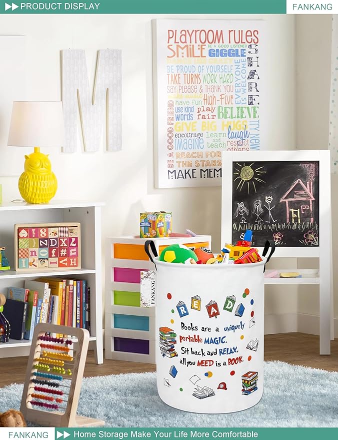 FANKANG Storage Basket, Nursery Hamper Canvas Laundry Basket Foldable with Waterproof PE Coating Large Storage Baskets for Kids Boys and Girls, Office, Bedroom, Clothes,Toys(Reading)
