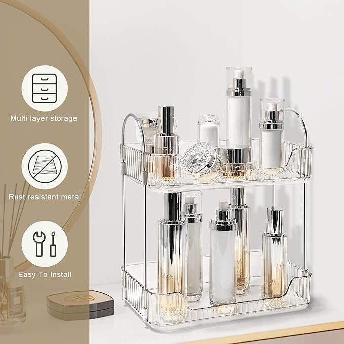 Bathroom Counter Organizer Countertop Storage Skincare Countertop Makeup Organizer Cosmetics Skincare Organizers Holder for Perfume-Clear white-silver pole-NeatNest