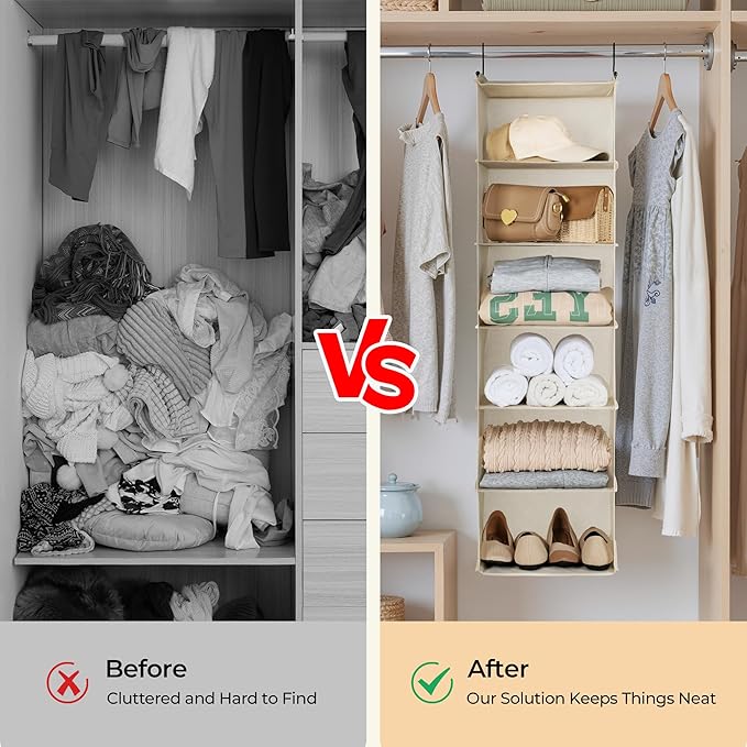 GRANNY SAYS 6 Shelf Hanging Closet Organizers and Storage, Collapsible Closet Hanging Organizer with 2 Sturdy Hooks, Large Hanging Shelves for Closet, College Dorm, Locker, Beige-NeatNest