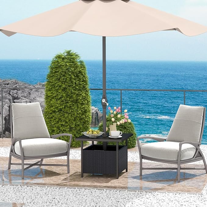 Patio Side Table with Umbrella Hole, 22" Rattan Wicker Umbrella Stand Table, Outdoor End Table for Patio, Garden, Poolside & Yard (Black)