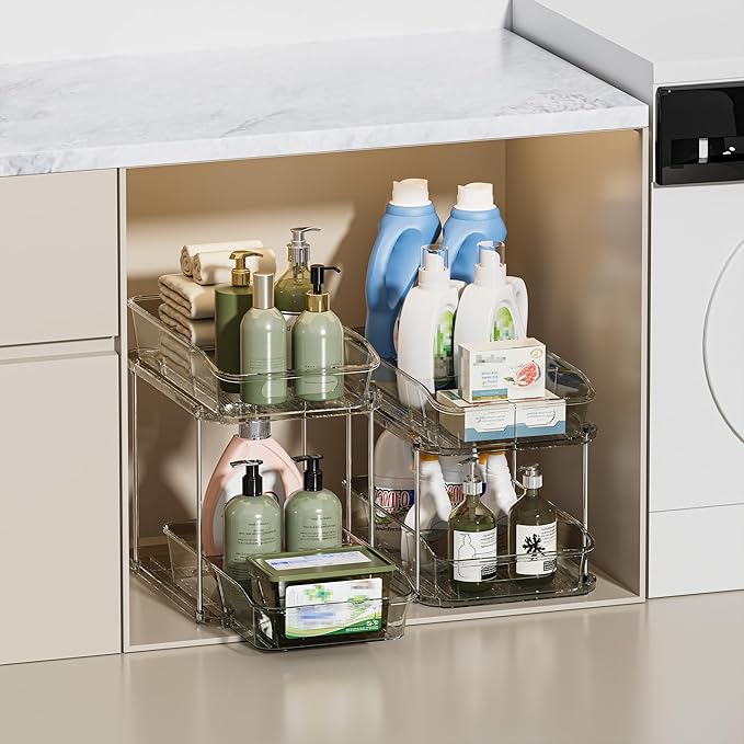 Delamu 2 Sets of 2-Tier Clear Under Sink Organizers and Storage, Multi-Purpose Stackable Bathroom Cabinet organizers, Grey-NeatNest