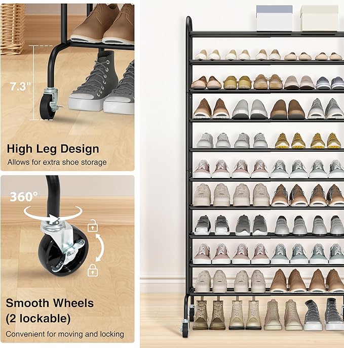 STO STO Expandable Shoe Rack, 10-Tier Metal Tall Shoe Rack for Garage, Up to 44 Pairs Adjustable Shoe Rack Storage for Front Door Entrance, Free Standing Shoe Rack Organizer for Entryway, Black-NeatNest
