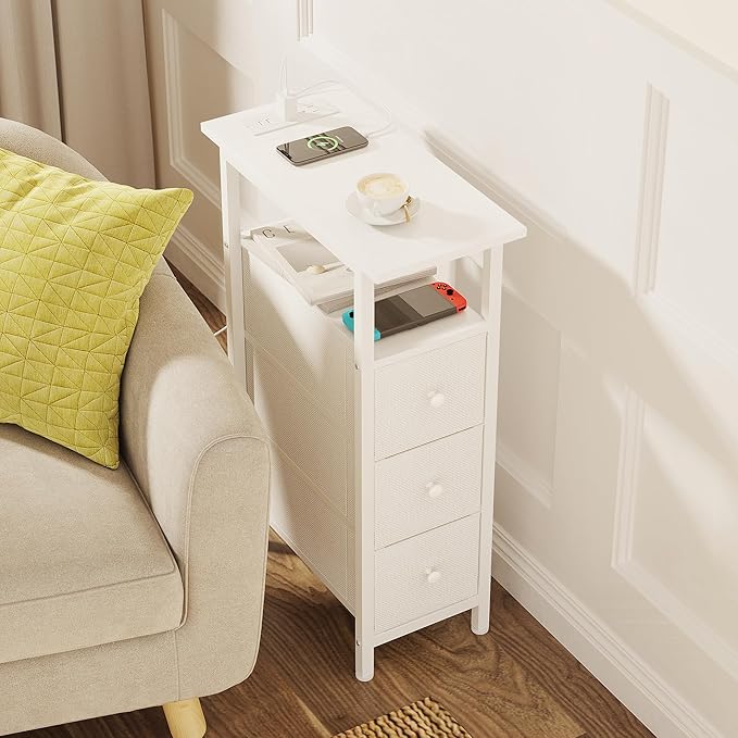 End Table with Charging Station, Narrow Side Table with 3 Fabric Drawers, Skinny Nightstand with LED Light, Slim Bedside Table for Bedroom, Living Room, Small Spaces, White