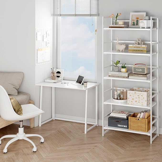 BHG Vintage Multifunctional Folding Bookshelf, No-Assembly Plant Stand Storage Rack Shelves for Home Office (All White, 5-Tier)-NeatNest