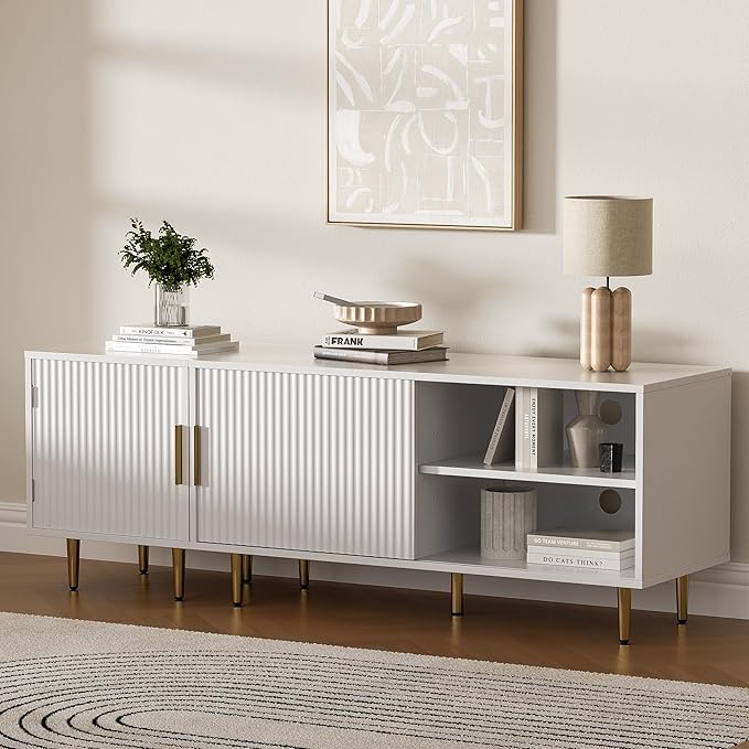 Combined Modern TV Stand for 55/60/65 inch TV, Small Entertainment Center with Adjustable Shelf, TV Media Stand with Storage Cabinet, TV Console with Gold Legs for Living Room, Bedroom, White-NeatNest