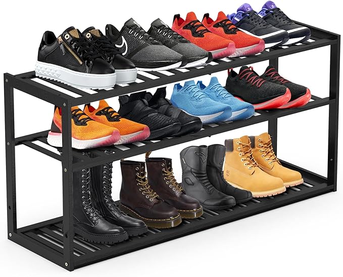 Bamboo Shoe Rack for Closet, Stackable 3 Tier Longer Shoe Organizer Shelf Holder Storage 12-15 Pairs for Entryway Door Hallway Bedroom Garage Space Saving Foldable Black-NeatNest