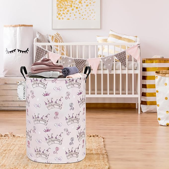 FANKANG Storage Basket, Nursery Hamper Canvas Laundry Basket Foldable with Waterproof PE Coating Large Storage Baskets for Kids Boys and Girls, Office, Bedroom, Clothes,Toys(Princess Castle)