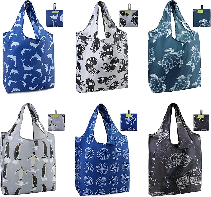 BeeGreen Foldable Tote Bags with Handles Reusable Grocery Bags - Heavy Duty Washable Polyester Travel & Shopping Basket - Large Reusable Gift Bulk 6 Set for Women (Ocean Animal Lovers Design)-NeatNest