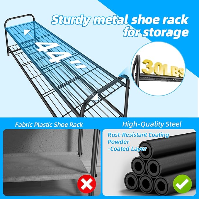 2 Tier Shoe Rack for Closet, 44 Inch Extra Long Shoe Storage Organizer for Shelves, Heavy Duty Metal, Easy Assembly, Black-NeatNest