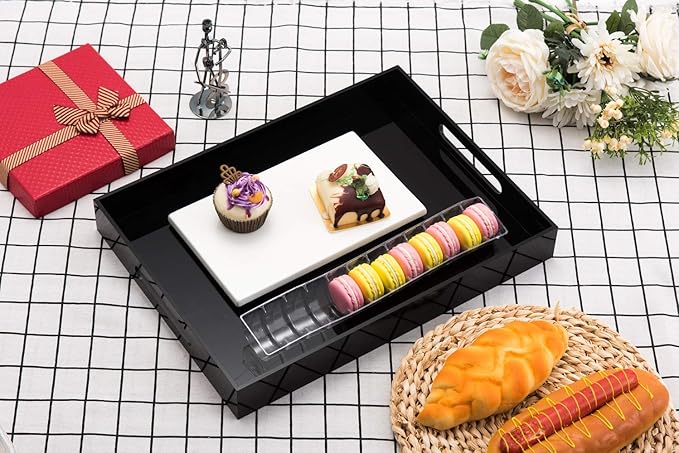 Glossy Black Sturdy Acrylic Serving Tray with Handles - 10x15 Inch, Coffee, Appetizer, Breakfast Tray - Butler, Kitchen to Vanity Table, Decorative-NeatNest