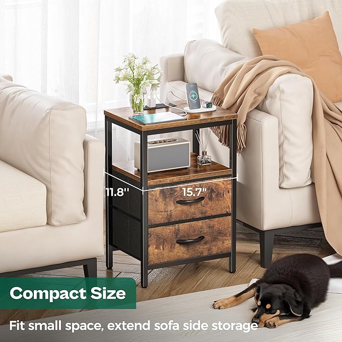 Huuger Nightstands Set of 2, End Tables with Charging Station, Fabric Drawers, Bedside Tables with USB Ports and Outlets, Night Stands for Bedroom, Rustic Brown