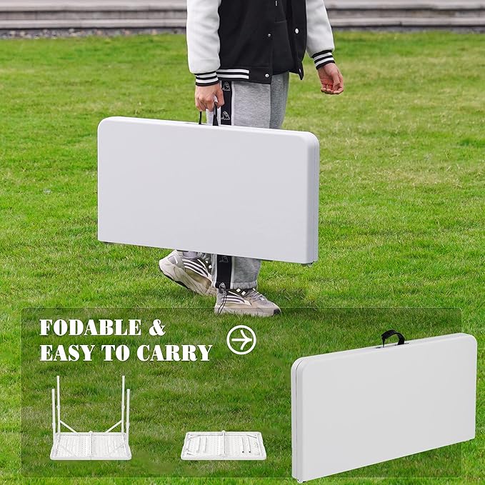 Allpop 34'' Square Folding Card Table, Fold-in-Half Portable Plastic Dining Table with Carry Handle & 2 Heights for Picnic Party Commercial Events, White-NeatNest