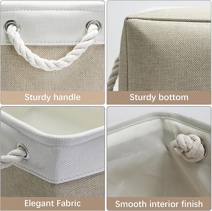 Fabric Storage Bins, 2 Pack Foldable Cube Baskets with Rope Handles, Large Collapsible Storage Cubes for Home, Office, Closet, Clothes, Books Organizer. (Khaki and White, 2PCS/16*12.6*8.2inch)-NeatNest