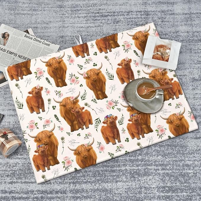 Highland Cow Dish Drying Mat for Kitchen Counter Cute Kitchen Mat Microfiber Kitchen Countertop Absorbent Reversible Drainer Rack Pad Dish Drying Mat 18 x 24 Inch