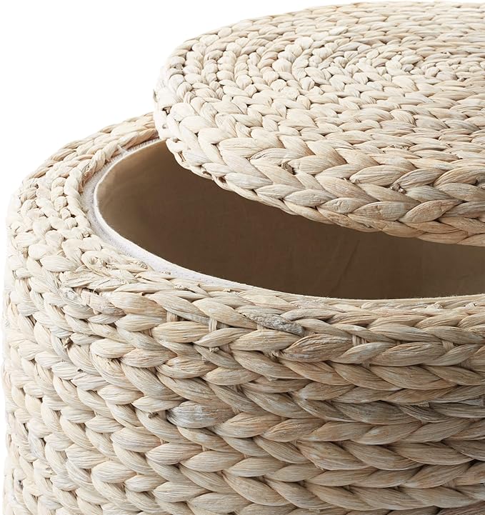 Casafield 17" Round Storage Ottoman with Lid - Whitewash, Handwoven Water Hyacinth Footstool for Living Room, Bedroom, Bathroom, Home Office-NeatNest