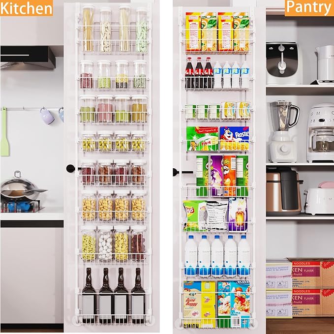 Over The Door Pantry Organizers, Pantry Door Organizer and Storage with Adjustable Baskets,Heavy-Duty Metal Spice Rack,Over The Door Organizers for Kitchen,Bathroom (White, 8tier)